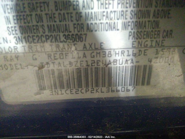 3N1CE2CP2KL366067 Nissan Versa Note Sv