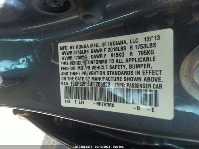 2014 HONDA CIVIC SEDAN LX VIN: 19XFB2F55EE205928
