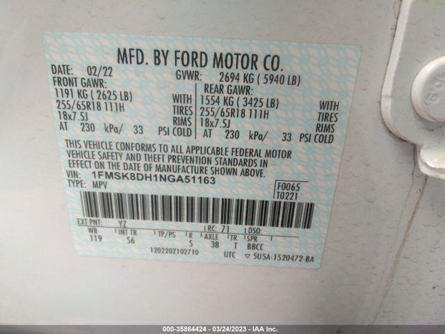 2022 FORD EXPLORER XLT VIN: 1FMSK8DH1NGA51163
