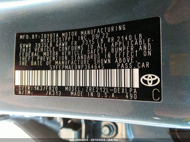 Toyota COROLLA LE 2022 5YFEPMAE0NP364645 Image 9