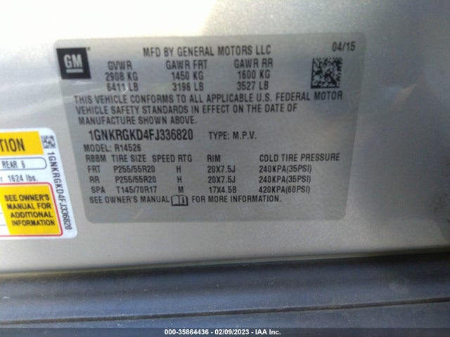 Chevrolet Traverse Lt 2015 1GNKRGKD4FJ336820 Image 9