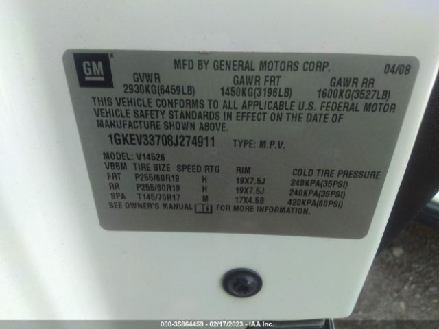 1GKEV33708J274911 GMC Acadia Slt2