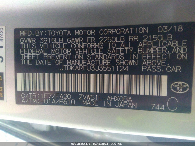 Toyota Prius Two/two Eco/three 2018 JTDKARFU3J3551124 Image 10