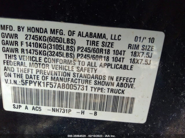 2010 HONDA RIDGELINE RTL VIN: 5FPYK1F57AB005731
