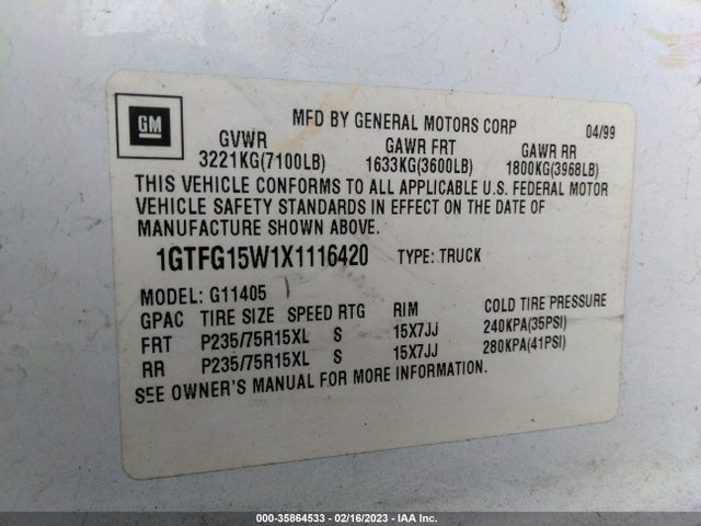 GMC SAVANA CARGO VAN 1999 1GTFG15W1X1116420 Image 10