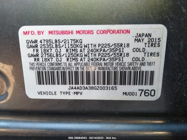 2016 MITSUBISHI OUTLANDER SE/SEL VIN: JA4AD3A38GZ003165