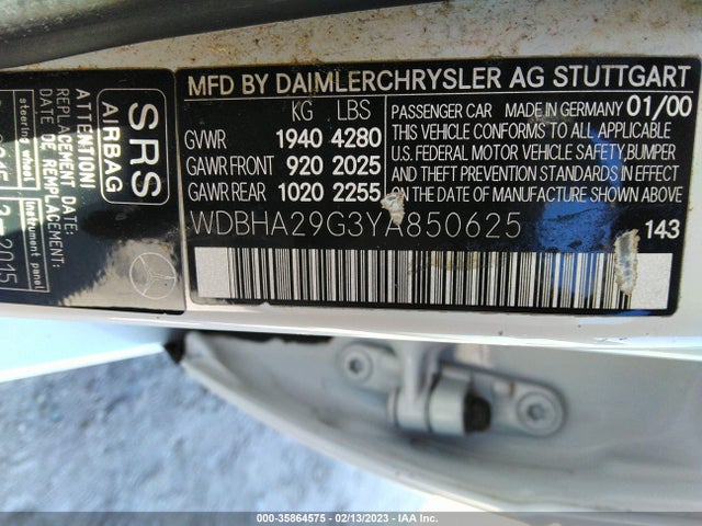 2000 MERCEDES-BENZ C CLASS VIN: WDBHA29G3YA850625