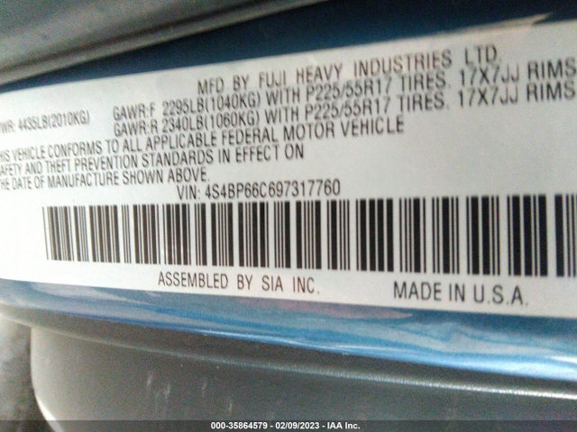 2009 SUBARU OUTBACK LTD VIN: 4S4BP66C697317760