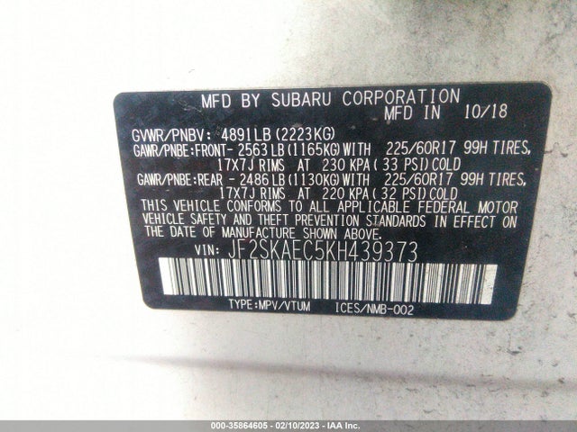 2019 Subaru Forester, VIN: JF2SKAEC5KH439373