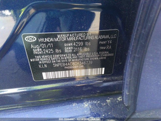 2012 HYUNDAI SONATA GLS VIN: 5NPEB4AC8CH346739
