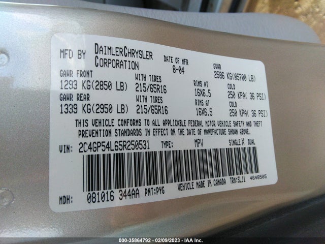 2005 CHRYSLER TOWN & COUNTRY TOURING VIN: 2C4GP54L65R250531