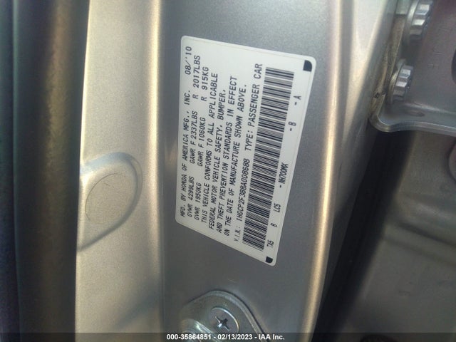 2011 HONDA ACCORD SDN LX VIN: 1HGCP2F38BA008688