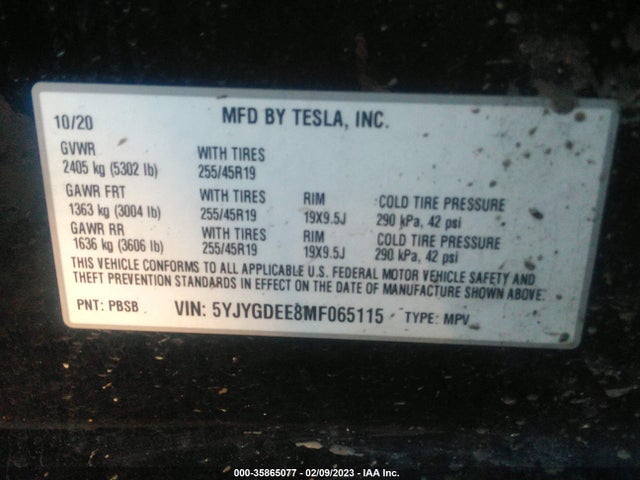 2021 TESLA MODEL Y LONG RANGE VIN: 5YJYGDEE8MF065115