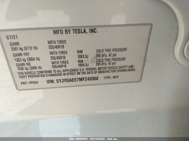 Tesla Model Y Long Range 2021 5YJYGAEE7MF240968 Image 10
