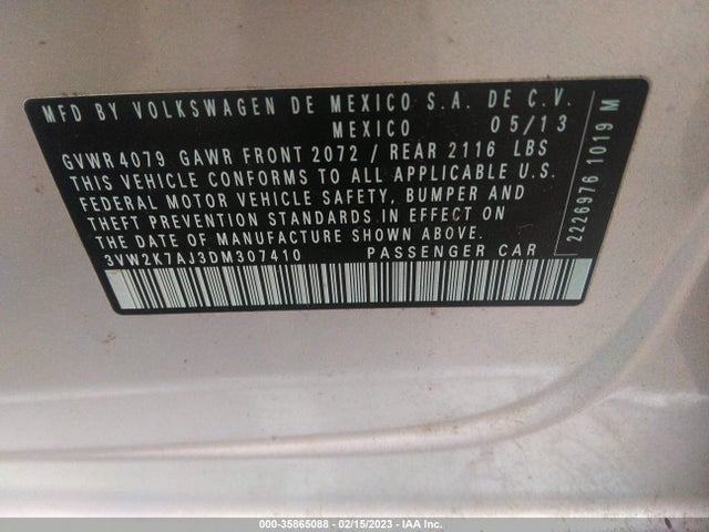 2013 VOLKSWAGEN JETTA SEDAN S VIN: 3VW2K7AJ3DM307410
