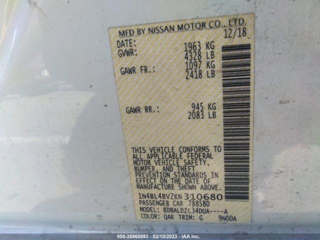1N4BL4BV2KN310680 Nissan Altima 2.5 S