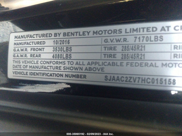 2017 Bentley Bentayga, VIN: SJAAC2ZV7HC015158