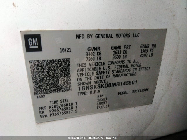 2021 Chevrolet Tahoe, VIN: 1GNSKSKD9MR105501