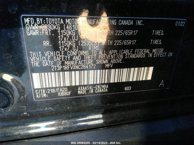 2022 TOYOTA RAV4 XLE VIN: 2T3P1RFVXNC264172
