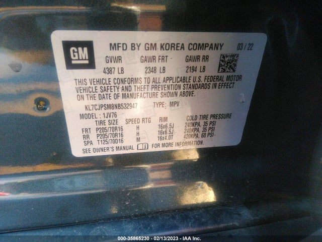 2022 Chevrolet Trax, VIN: KL7CJPSM8NB532947