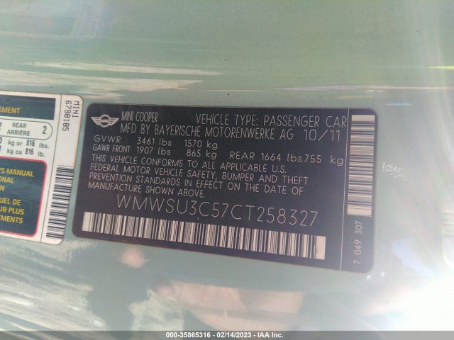 WMWSU3C57CT258327 Mini COOPER HARDTOP