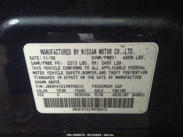 2007 INFINITI G35 SEDAN JOURNEY VIN: JNKBV61E27M708212