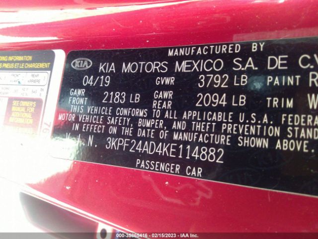 3KPF24AD4KE114882 KIA Forte Lxs