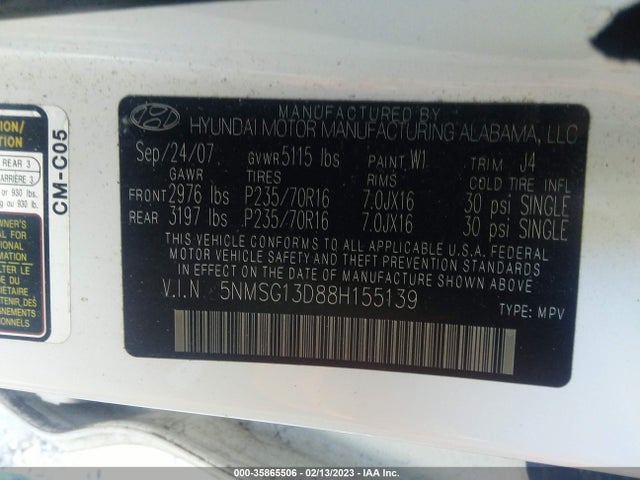 2008 HYUNDAI SANTA FE GLS VIN: 5NMSG13D88H155139