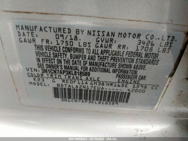 2019 Nissan Versa, VIN: 3N1CN7AP3KL818589