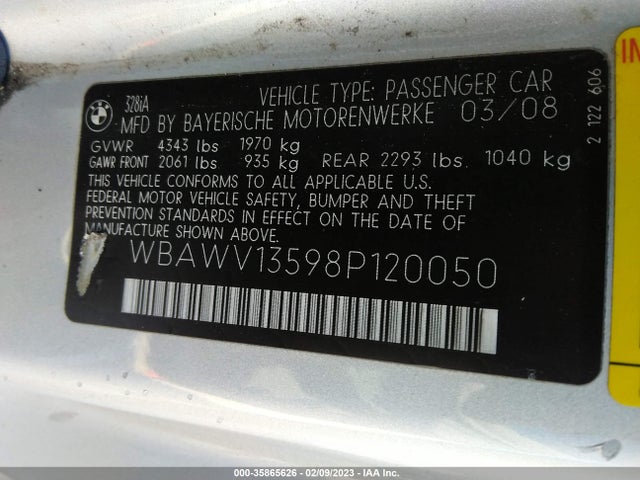 BMW 3 Series 328i 2008 WBAWV13598P120050 Image 10