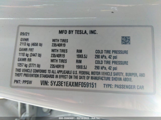 Tesla Model 3 Standard Range Plus 2021 5YJ3E1EAXMF059151 Image 10