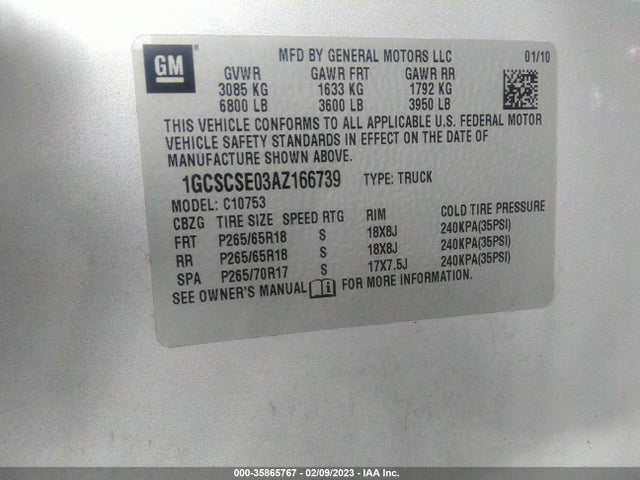 2010 CHEVROLET SILVERADO 1500 LT VIN: 1GCSCSE03AZ166739