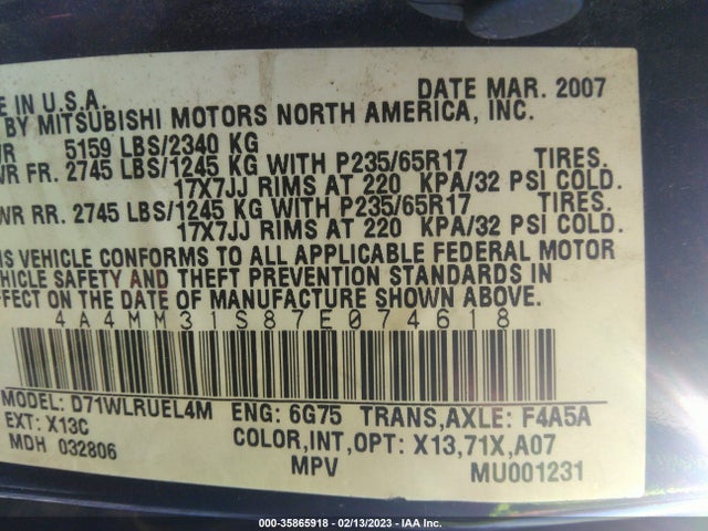 4A4MM31S87E074618 Mitsubishi Endeavor Se
