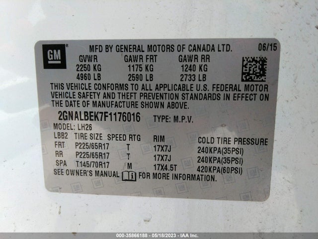 Chevrolet EQUINOX LT 2015 2GNALBEK7F1176016 Image 9