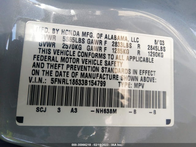 2003 HONDA ODYSSEY EX VIN: 5FNRL18633B154799