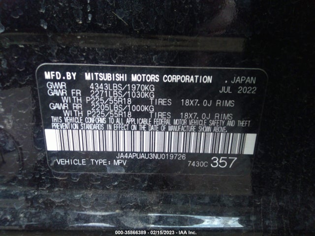 JA4APUAU3NU019726 Mitsubishi Outlander Sport Es/le/s/be