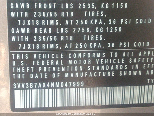 2022 VOLKSWAGEN TIGUAN SE VIN: 3VV3B7AX4NM047999