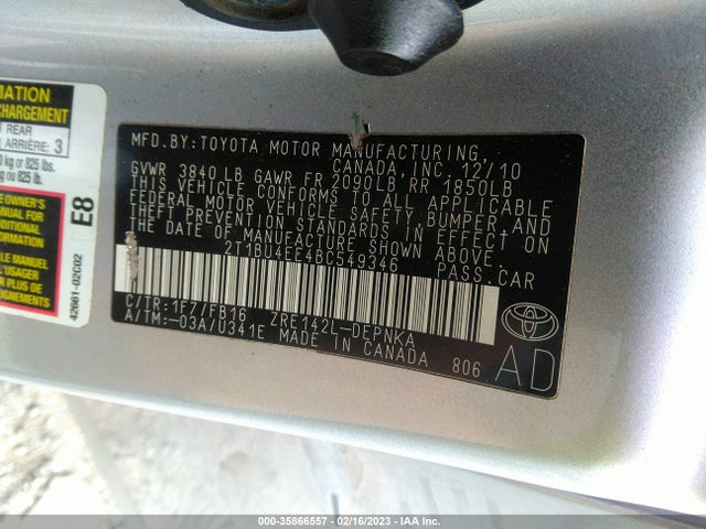 2011 TOYOTA COROLLA L/LE/S VIN: 2T1BU4EE4BC549346