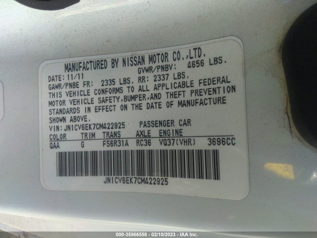 2012 INFINITI G37 COUPE SPORT 6MT VIN: JN1CV6EK7CM422925