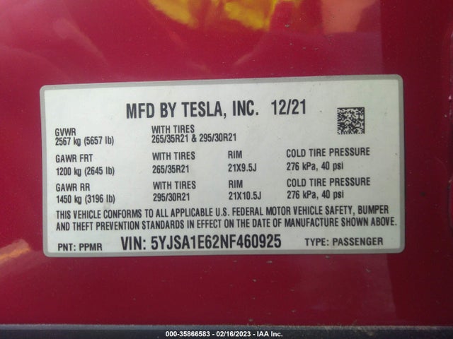 2022 Tesla Model S, VIN: 5YJSA1E62NF460925