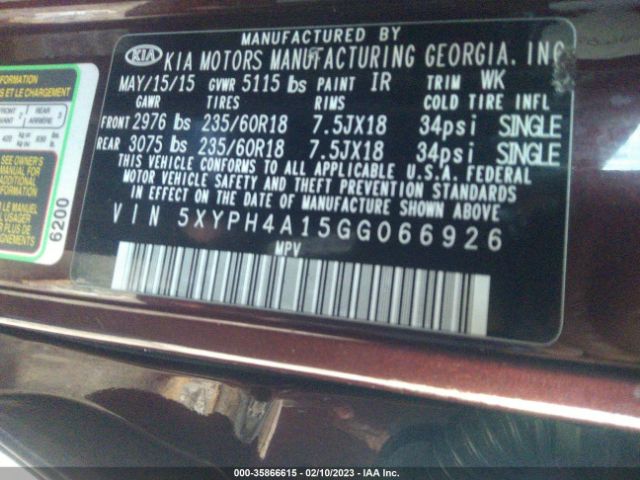 5XYPH4A15GG066926 KIA SORENTO EX