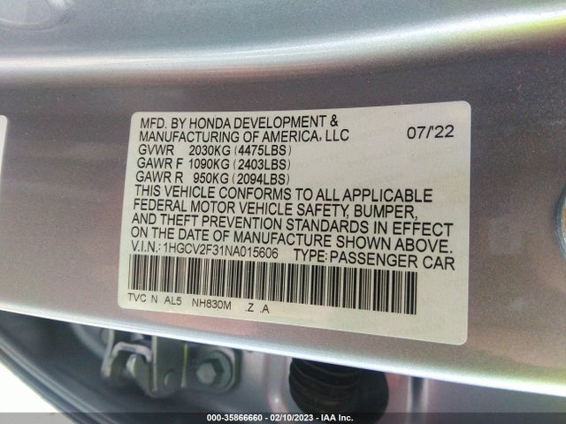 2022 HONDA ACCORD SEDAN SPORT VIN: 1HGCV2F31NA015606