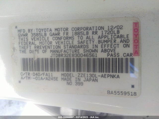 2003 TOYOTA COROLLA CE/LE VIN: JTDBR32E830046561