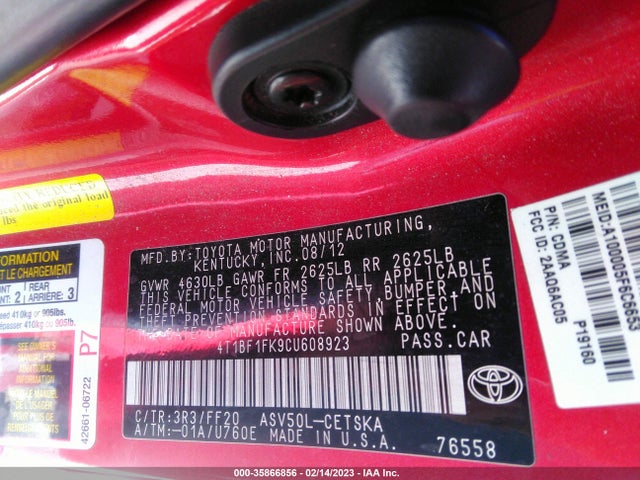 2012 TOYOTA CAMRY L/LE/SE/XLE VIN: 4T1BF1FK9CU608923