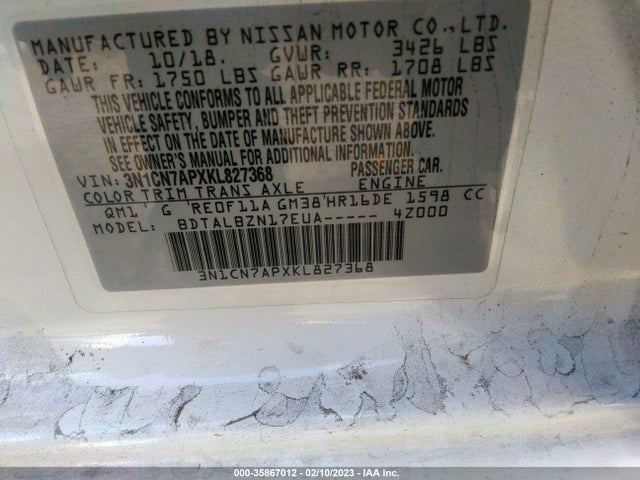 2019 Nissan Versa, VIN: 3N1CN7APXKL827368