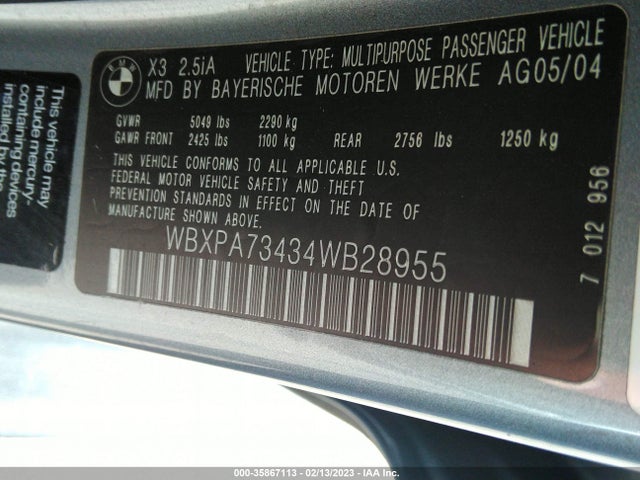 Aukcja sprzedaży 2004 Bmw X3 2.5i, vin: WBXPA73434WB28955, numer aukcji: 35867113