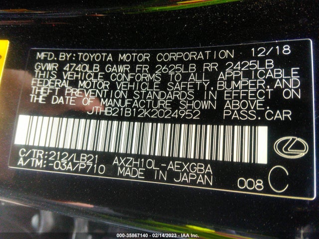 2019 LEXUS ES ES 300H VIN: JTHB21B12K2024952