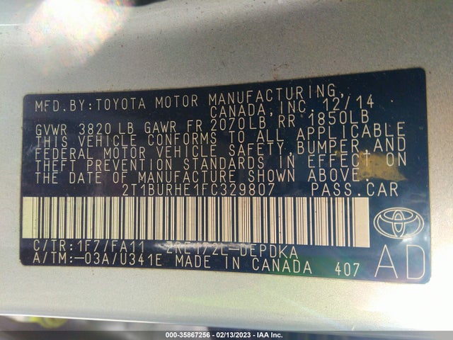 2015 TOYOTA COROLLA L/LE/S/S PLUS/LE PLUS VIN: 2T1BURHE1FC329807