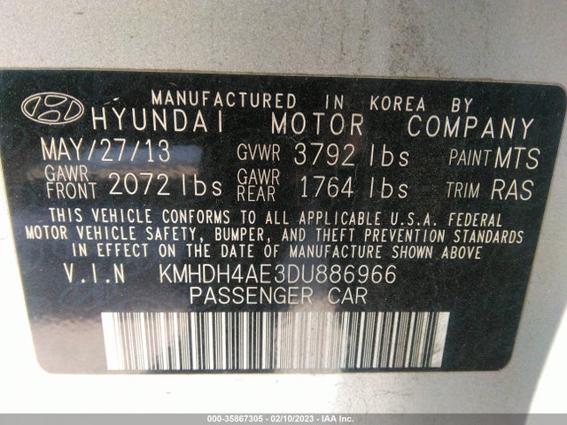 2013 HYUNDAI ELANTRA GLS PZEV VIN: KMHDH4AE3DU886966