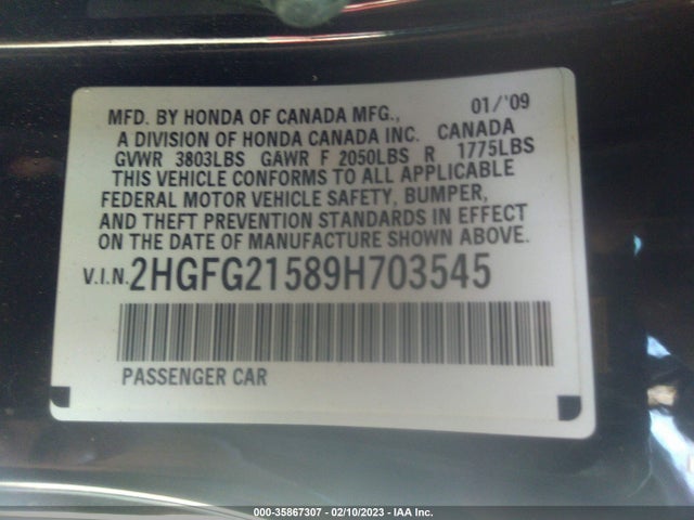 2009 HONDA CIVIC CPE SI VIN: 2HGFG21589H703545